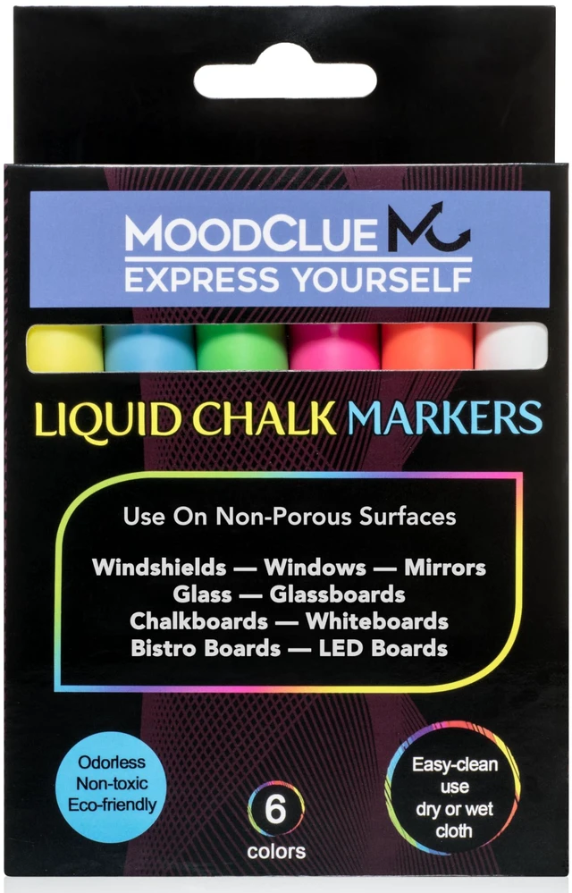 Main image of Liquid chalk markers washable, erasable, dry or wet erase. 6 neon markers for whiteboards, glass boards, mirrors, chalkboards, windows, car windshields, glass. Non-toxic, reverse tip pens