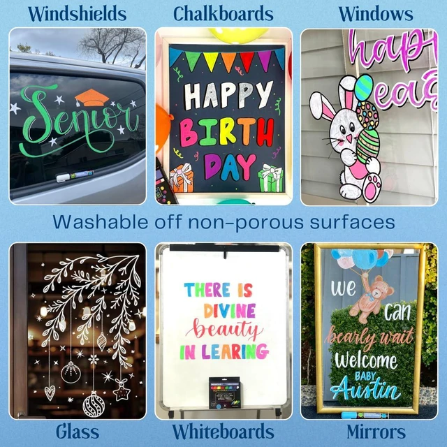 Alt view image 3 of 7 - Liquid chalk markers washable, erasable, dry or wet erase. 6 neon markers for whiteboards, glass boards, mirrors, chalkboards, windows, car windshields, glass. Non-toxic, reverse tip pens