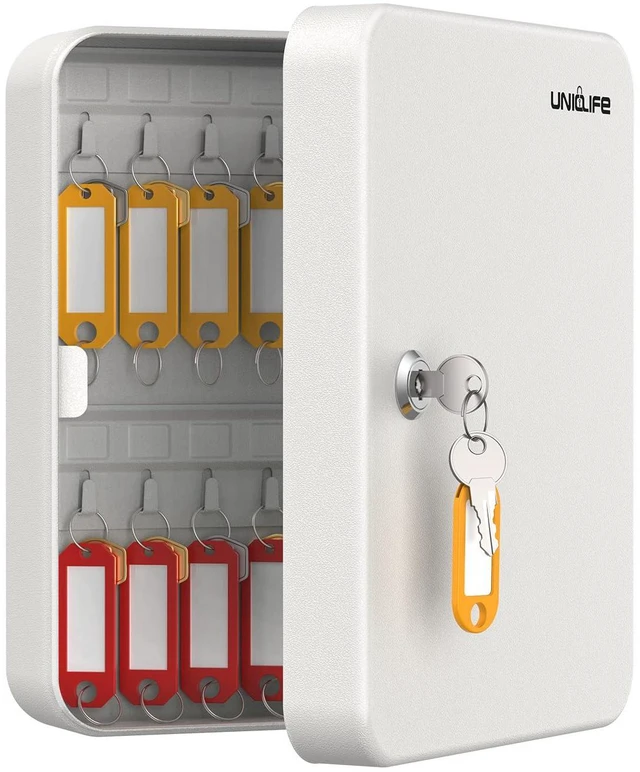 Main image of 28 Position Key Cabinet with Key Lock Wall Mounted White Security Storage Box Steel Key Organizer with Colorful Key Tag Labels Stickers and Hooks