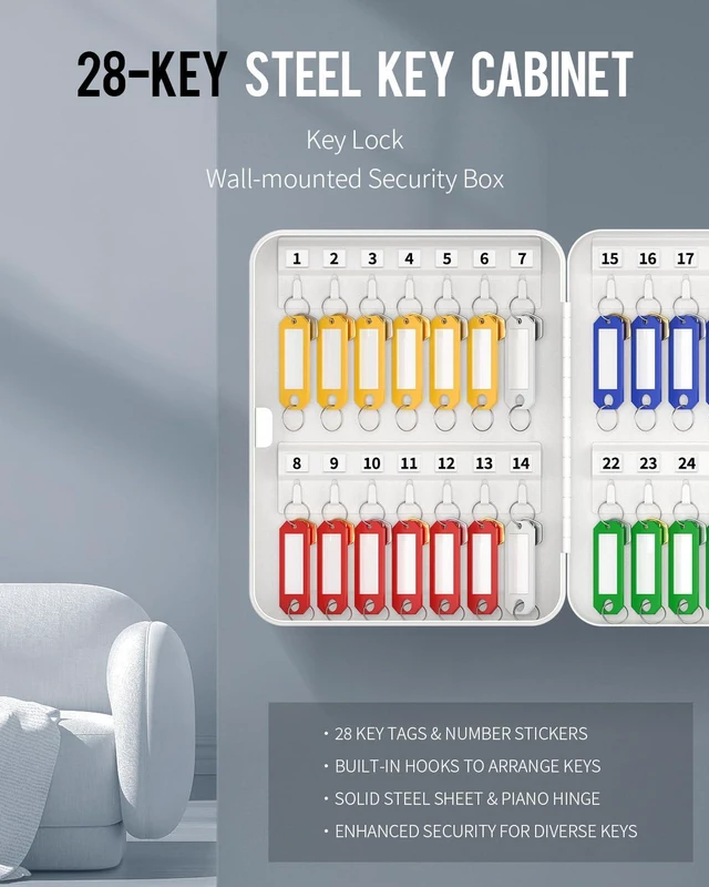 Alt view image 4 of 7 - 28 Position Key Cabinet with Key Lock Wall Mounted White Security Storage Box Steel Key Organizer with Colorful Key Tag Labels Stickers and Hooks