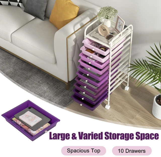 Alt view image 4 of 7 - 10 Drawers Rolling Storage Cart, Multipurpose Craft Storage Cart with Wheels, Mobile Tools Scrapbook Paper Organizer Cart for Office School Home Use