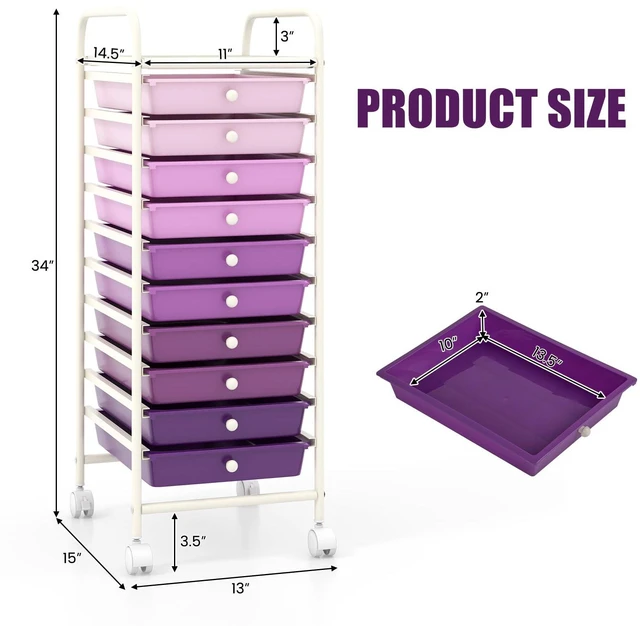 Alt view image 3 of 7 - 10 Drawers Rolling Storage Cart, Multipurpose Craft Storage Cart with Wheels, Mobile Tools Scrapbook Paper Organizer Cart for Office School Home Use