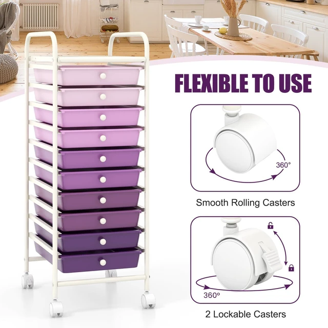 Alt view image 5 of 7 - 10 Drawers Rolling Storage Cart, Multipurpose Craft Storage Cart with Wheels, Mobile Tools Scrapbook Paper Organizer Cart for Office School Home Use
