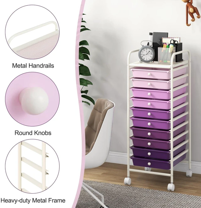 Alt view image 6 of 7 - 10 Drawers Rolling Storage Cart, Multipurpose Craft Storage Cart with Wheels, Mobile Tools Scrapbook Paper Organizer Cart for Office School Home Use