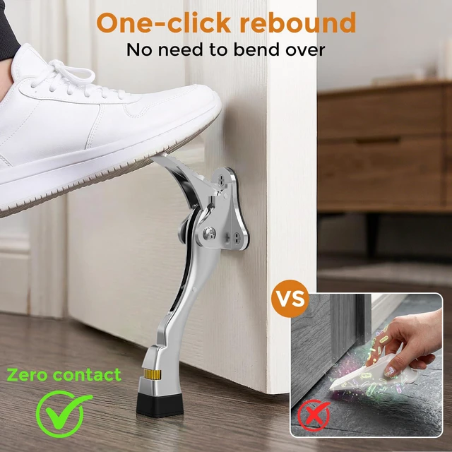 Alt view image 3 of 7 - Door Stoppers, 4 Inch Kickdown Door Stop for Bottom of Door, Chrome, 2 Pack Adjustable Height Door Stops with Rubber, Door Holder for Heavy Duty and Usual Home Door, Kickdown Doorstopper