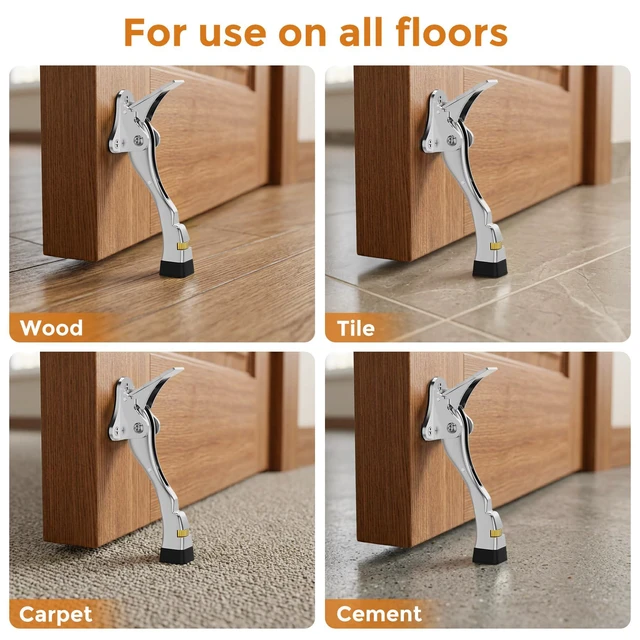 Alt view image 6 of 7 - Door Stoppers, 4 Inch Kickdown Door Stop for Bottom of Door, Chrome, 2 Pack Adjustable Height Door Stops with Rubber, Door Holder for Heavy Duty and Usual Home Door, Kickdown Doorstopper