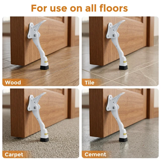 Alt view image 6 of 7 - Door Stoppers, 4 Inch Kickdown Door Stop for Bottom of Door, White, 2 Pack Adjustable Height Door Stops with Rubber, Door Holder for Heavy Duty and Usual Home Door, Kickdown Doorstopper