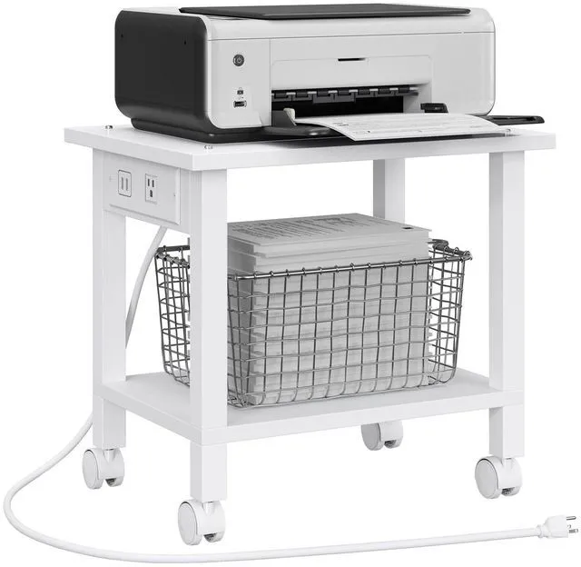 Main image of Printer Stand, 2 Tier Rolling Printer Cart with Charging Station Small Under Desk Printer Table with Wheels for Small Space, Office, Home, White PS01BW001