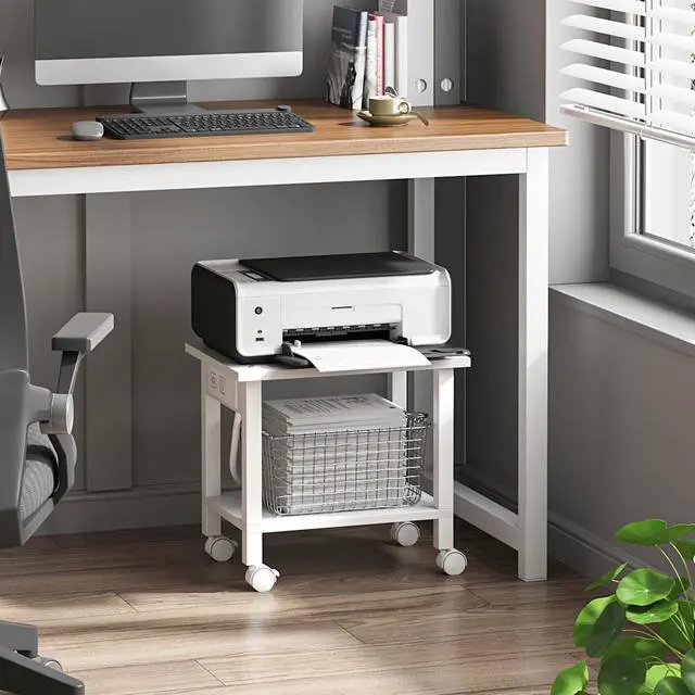 Alt view image 2 of 6 - Printer Stand, 2 Tier Rolling Printer Cart with Charging Station Small Under Desk Printer Table with Wheels for Small Space, Office, Home, White PS01BW001
