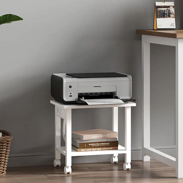 Alt view image 3 of 6 - Printer Stand, 2 Tier Rolling Printer Cart with Charging Station Small Under Desk Printer Table with Wheels for Small Space, Office, Home, White PS01BW001