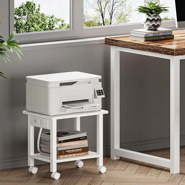 Alt view image 4 of 6 - Printer Stand, 2 Tier Rolling Printer Cart with Charging Station Small Under Desk Printer Table with Wheels for Small Space, Office, Home, White PS01BW001