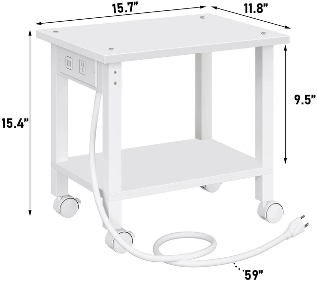 Alt view image 6 of 6 - Printer Stand, 2 Tier Rolling Printer Cart with Charging Station Small Under Desk Printer Table with Wheels for Small Space, Office, Home, White PS01BW001