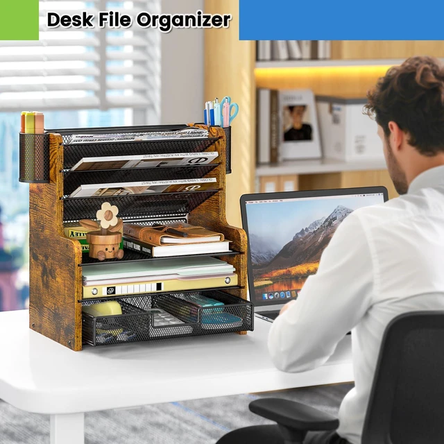 Alt view image 2 of 7 - 6-Tier Mesh Desk Organizer with Drawer, Wooden Office Organizer for Papers, Folders & Office Supplies - Sturdy Desktop File Holder with 2 Pen Holders - Space Saving Home Office Accessories