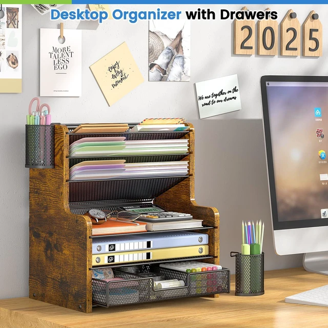 Alt view image 3 of 7 - 6-Tier Mesh Desk Organizer with Drawer, Wooden Office Organizer for Papers, Folders & Office Supplies - Sturdy Desktop File Holder with 2 Pen Holders - Space Saving Home Office Accessories