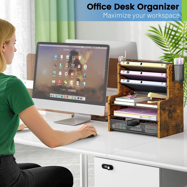 Alt view image 5 of 7 - 6-Tier Mesh Desk Organizer with Drawer, Wooden Office Organizer for Papers, Folders & Office Supplies - Sturdy Desktop File Holder with 2 Pen Holders - Space Saving Home Office Accessories