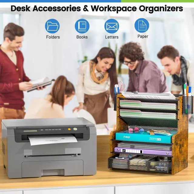 Alt view image 6 of 7 - 6-Tier Mesh Desk Organizer with Drawer, Wooden Office Organizer for Papers, Folders & Office Supplies - Sturdy Desktop File Holder with 2 Pen Holders - Space Saving Home Office Accessories