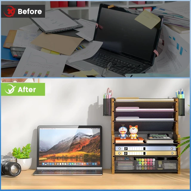 Alt view image 4 of 7 - 6-Tier Mesh Desk Organizer with Drawer, Wooden Office Organizer for Papers, Folders & Office Supplies - Sturdy Desktop File Holder with 2 Pen Holders - Space Saving Home Office Accessories