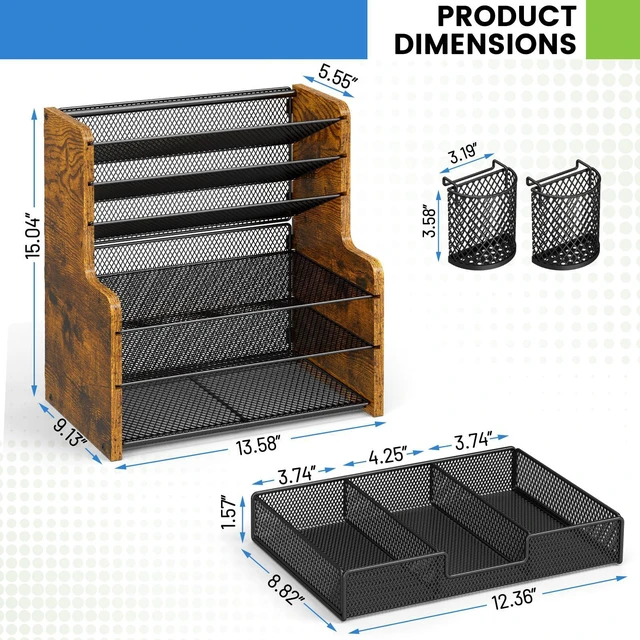 Alt view image 7 of 7 - 6-Tier Mesh Desk Organizer with Drawer, Wooden Office Organizer for Papers, Folders & Office Supplies - Sturdy Desktop File Holder with 2 Pen Holders - Space Saving Home Office Accessories