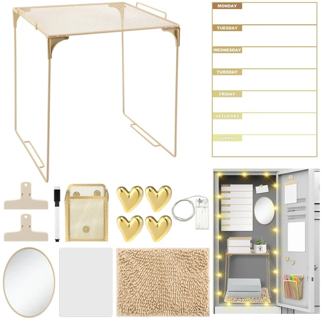 Main image of Gold Locker Accessories Kit,14 Pcs Storage Organizer, Heart Style Magnetic Whiteboard, Shelf, Course Schedule, Mirror, Pen Holder, Dry Erase Pen, Rug, Clips, Light String