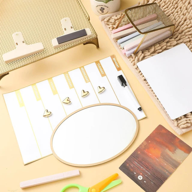 Alt view image 2 of 6 - Gold Locker Accessories Kit,14 Pcs Storage Organizer, Heart Style Magnetic Whiteboard, Shelf, Course Schedule, Mirror, Pen Holder, Dry Erase Pen, Rug, Clips, Light String