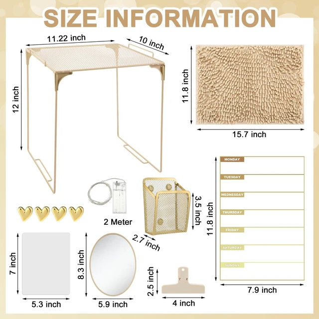 Alt view image 3 of 6 - Gold Locker Accessories Kit,14 Pcs Storage Organizer, Heart Style Magnetic Whiteboard, Shelf, Course Schedule, Mirror, Pen Holder, Dry Erase Pen, Rug, Clips, Light String