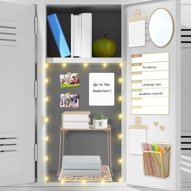 Alt view image 4 of 6 - Gold Locker Accessories Kit,14 Pcs Storage Organizer, Heart Style Magnetic Whiteboard, Shelf, Course Schedule, Mirror, Pen Holder, Dry Erase Pen, Rug, Clips, Light String