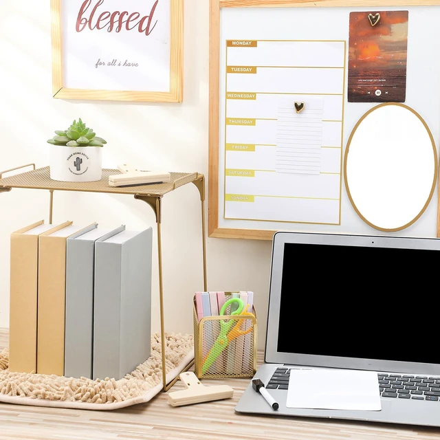Alt view image 5 of 6 - Gold Locker Accessories Kit,14 Pcs Storage Organizer, Heart Style Magnetic Whiteboard, Shelf, Course Schedule, Mirror, Pen Holder, Dry Erase Pen, Rug, Clips, Light String