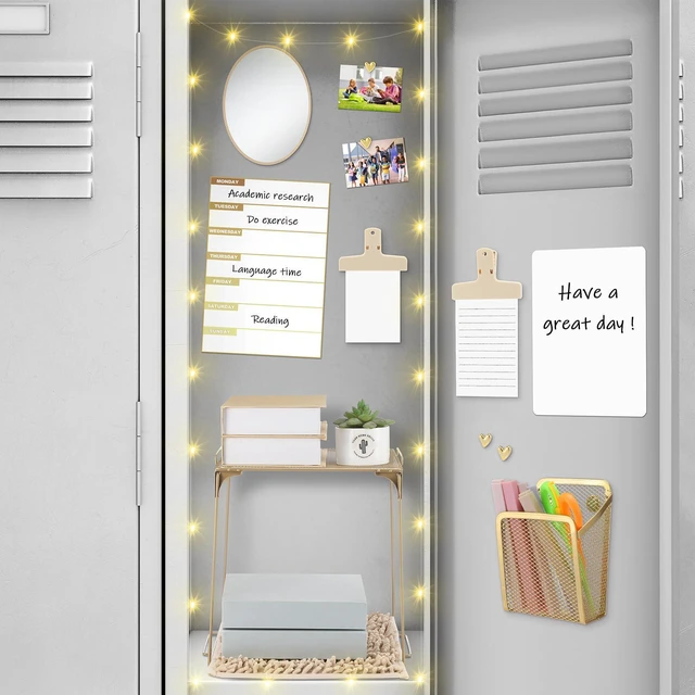 Alt view image 6 of 6 - Gold Locker Accessories Kit,14 Pcs Storage Organizer, Heart Style Magnetic Whiteboard, Shelf, Course Schedule, Mirror, Pen Holder, Dry Erase Pen, Rug, Clips, Light String