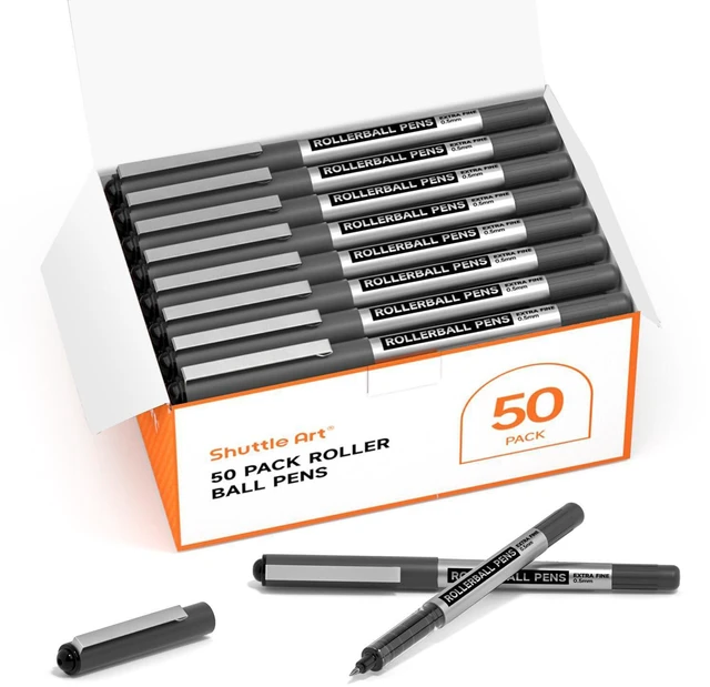 Main image of RollerBall Pens, 50 Pack Black Fine Point Roller Ball Pens, 0.5mm Liquid Ink Pens for Writing Journaling Taking Notes School Office
