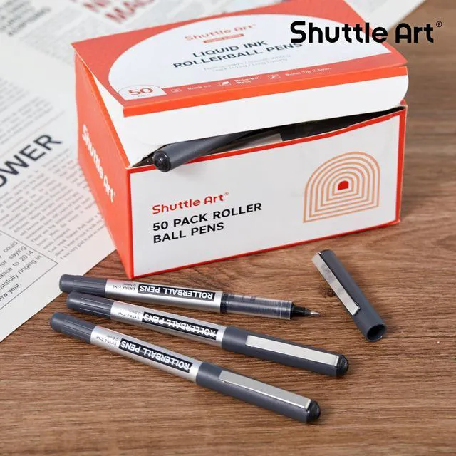 Alt view image 7 of 7 - RollerBall Pens, 50 Pack Black Fine Point Roller Ball Pens, 0.5mm Liquid Ink Pens for Writing Journaling Taking Notes School Office