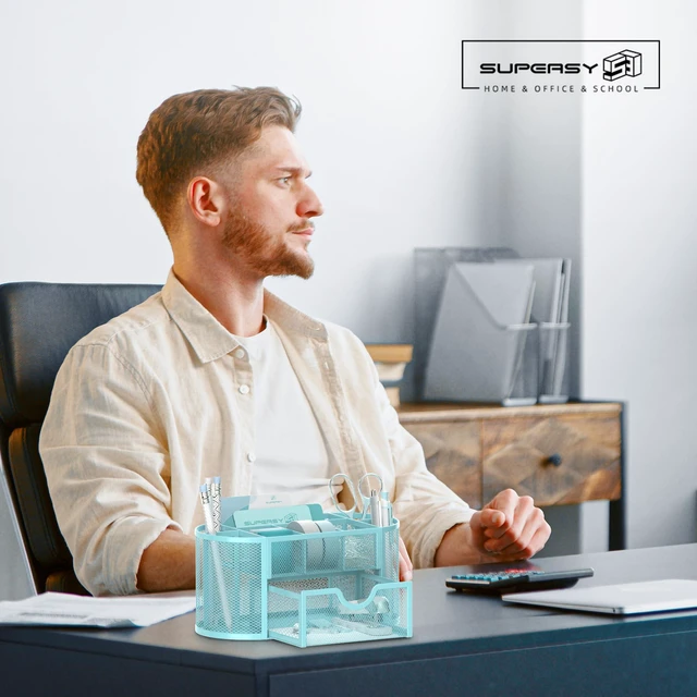 Alt view image 2 of 7 - Mesh Desk Organizer with Drawer, 9-Compartment Pen Holder for Desk, Blue Pull-Out Drawer Stores Pens, Pencils, Clips, Notes, and Small Office or School Supplies in One Compact Desk Caddy