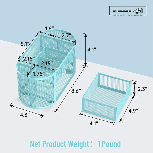 Alt view image 4 of 7 - Mesh Desk Organizer with Drawer, 9-Compartment Pen Holder for Desk, Blue Pull-Out Drawer Stores Pens, Pencils, Clips, Notes, and Small Office or School Supplies in One Compact Desk Caddy