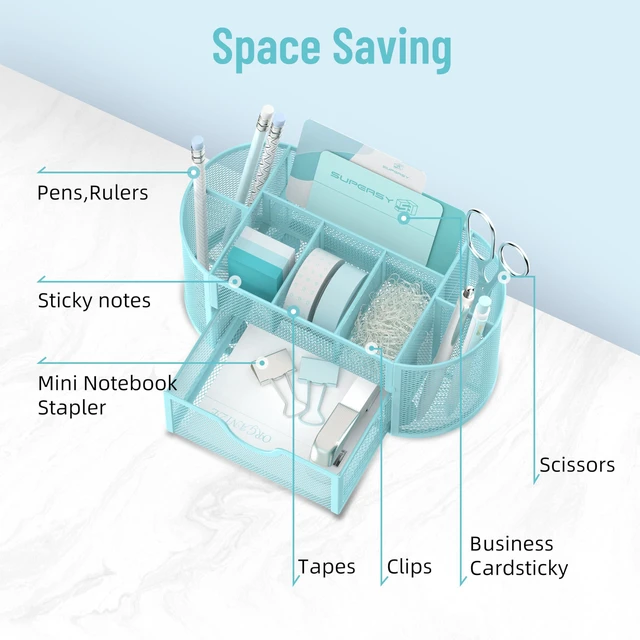 Alt view image 3 of 7 - Mesh Desk Organizer with Drawer, 9-Compartment Pen Holder for Desk, Blue Pull-Out Drawer Stores Pens, Pencils, Clips, Notes, and Small Office or School Supplies in One Compact Desk Caddy