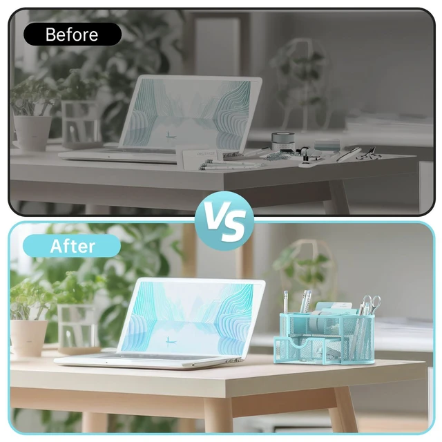 Alt view image 7 of 7 - Mesh Desk Organizer with Drawer, 9-Compartment Pen Holder for Desk, Blue Pull-Out Drawer Stores Pens, Pencils, Clips, Notes, and Small Office or School Supplies in One Compact Desk Caddy