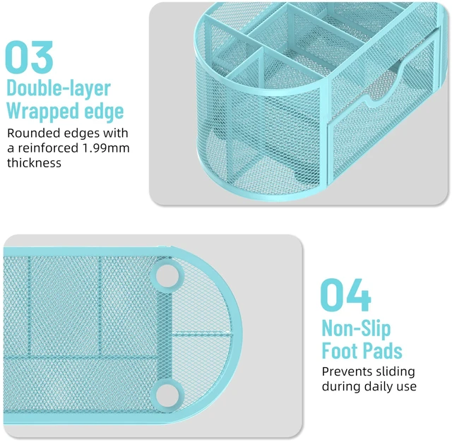 Alt view image 6 of 7 - Mesh Desk Organizer with Drawer, 9-Compartment Pen Holder for Desk, Blue Pull-Out Drawer Stores Pens, Pencils, Clips, Notes, and Small Office or School Supplies in One Compact Desk Caddy