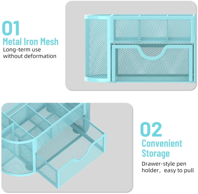 Alt view image 5 of 7 - Mesh Desk Organizer with Drawer, 9-Compartment Pen Holder for Desk, Blue Pull-Out Drawer Stores Pens, Pencils, Clips, Notes, and Small Office or School Supplies in One Compact Desk Caddy