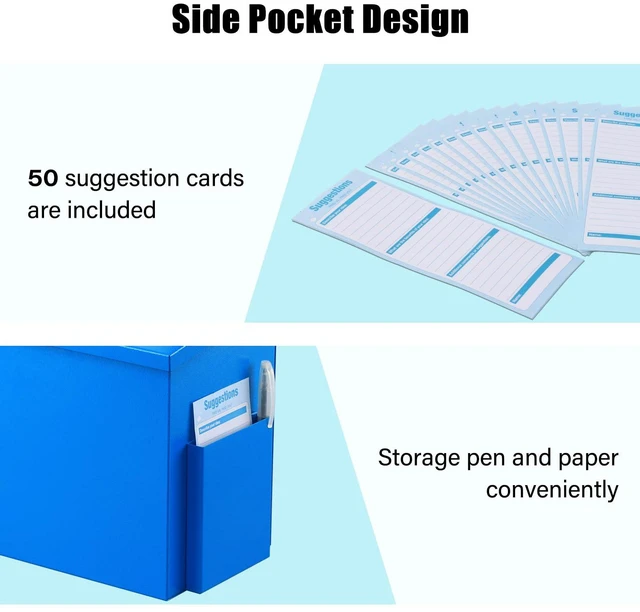 Alt view image 3 of 7 - Metal Ballot, Donation & Suggestion Box with Key Lock, Blue Wall-Mounted Box with 50 Suggestion Cards, 8.7"x5.9"x7.1", Ideal for Fundraising, Church, School