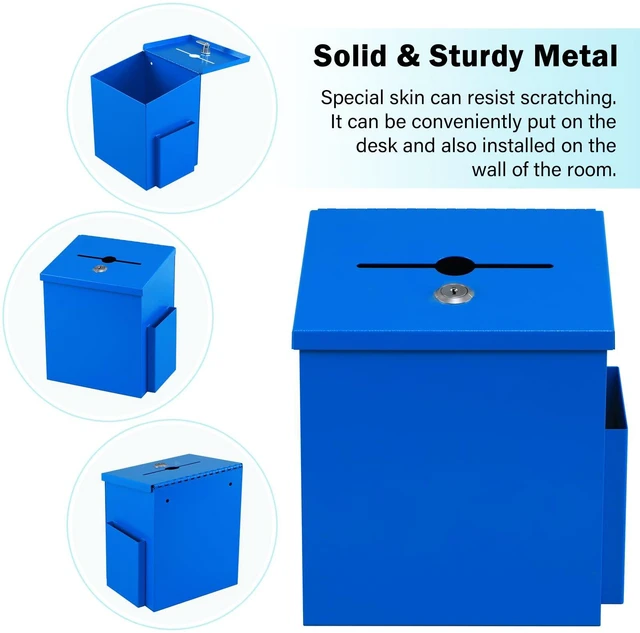 Alt view image 2 of 7 - Metal Ballot, Donation & Suggestion Box with Key Lock, Blue Wall-Mounted Box with 50 Suggestion Cards, 8.7"x5.9"x7.1", Ideal for Fundraising, Church, School