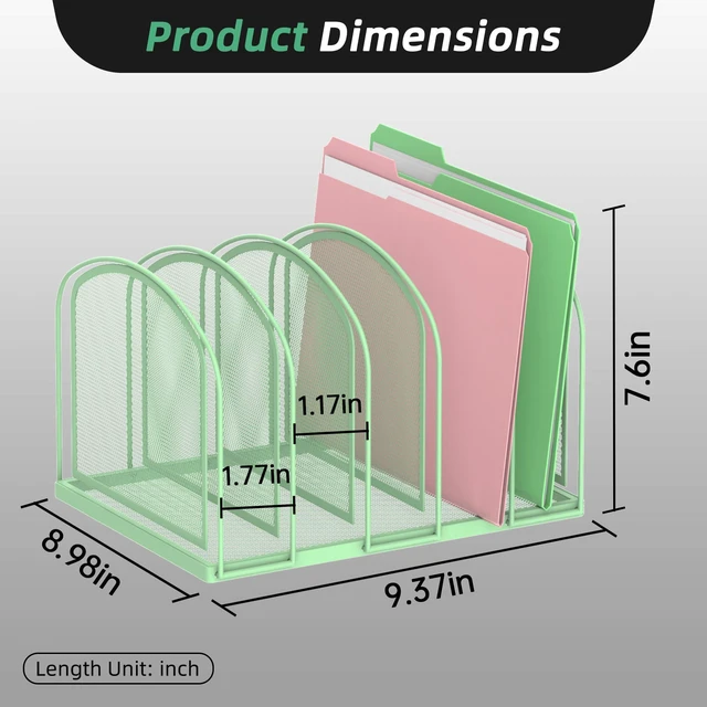 Alt view image 2 of 7 - 5-Section File Organizer for Desk, Metal File Folder Holder, Mint Green 5 Vertical Compartments with Sturdy Metal Base for Office Documents Books Magazines and Laptop
