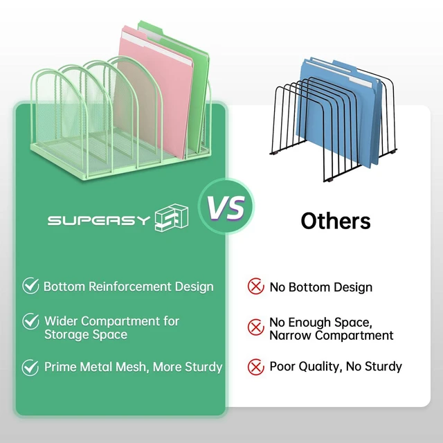 Alt view image 3 of 7 - 5-Section File Organizer for Desk, Metal File Folder Holder, Mint Green 5 Vertical Compartments with Sturdy Metal Base for Office Documents Books Magazines and Laptop