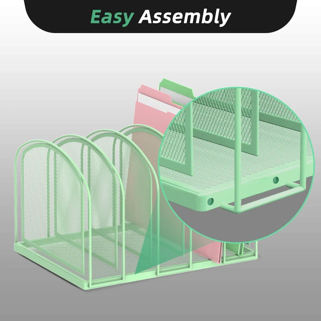 Alt view image 4 of 7 - 5-Section File Organizer for Desk, Metal File Folder Holder, Mint Green 5 Vertical Compartments with Sturdy Metal Base for Office Documents Books Magazines and Laptop