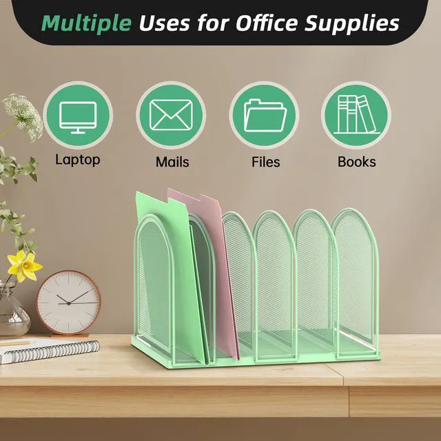Alt view image 5 of 7 - 5-Section File Organizer for Desk, Metal File Folder Holder, Mint Green 5 Vertical Compartments with Sturdy Metal Base for Office Documents Books Magazines and Laptop