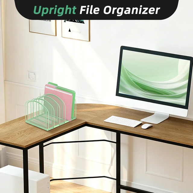 Alt view image 6 of 7 - 5-Section File Organizer for Desk, Metal File Folder Holder, Mint Green 5 Vertical Compartments with Sturdy Metal Base for Office Documents Books Magazines and Laptop