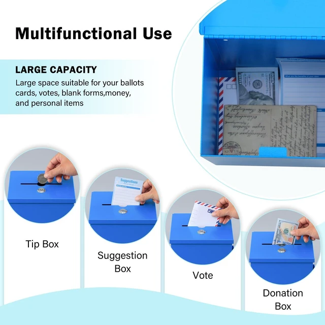 Alt view image 4 of 7 - Metal Ballot, Donation & Suggestion Box with Key Lock, Blue Wall-Mounted Box with 50 Suggestion Cards, 8.7"x5.9"x7.1", Ideal for Fundraising, Church, School