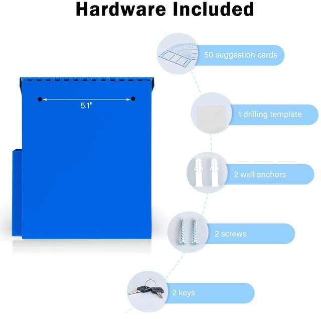 Alt view image 7 of 7 - Metal Ballot, Donation & Suggestion Box with Key Lock, Blue Wall-Mounted Box with 50 Suggestion Cards, 8.7"x5.9"x7.1", Ideal for Fundraising, Church, School