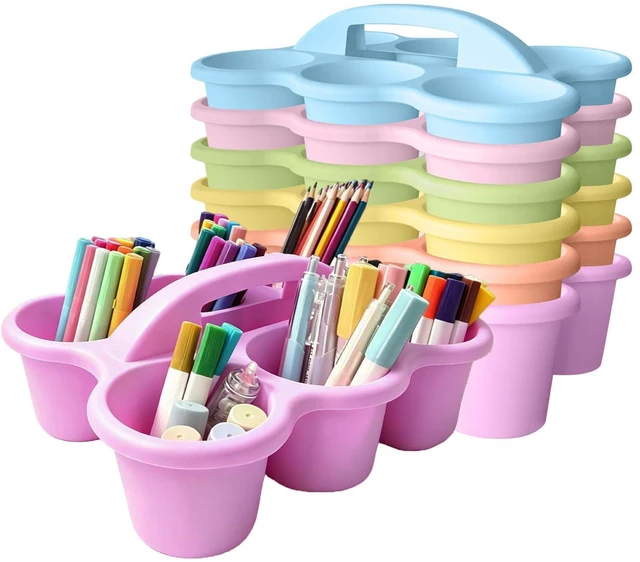 Main image of 6 Pack Classroom Caddy Organizer with Handle Pastel Plastic Table Caddy 6 Compartments Storage Cup Holder for School Supplies Art Crafts Crayons Pencils Stackable Desk Caddy for Office Home