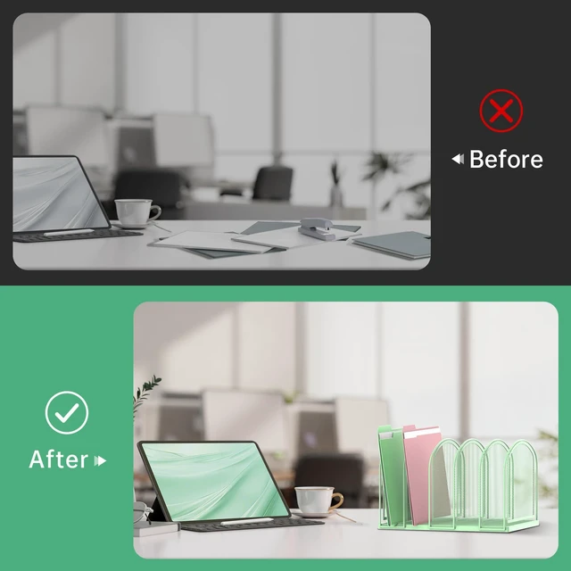 Alt view image 7 of 7 - 5-Section File Organizer for Desk, Metal File Folder Holder, Mint Green 5 Vertical Compartments with Sturdy Metal Base for Office Documents Books Magazines and Laptop