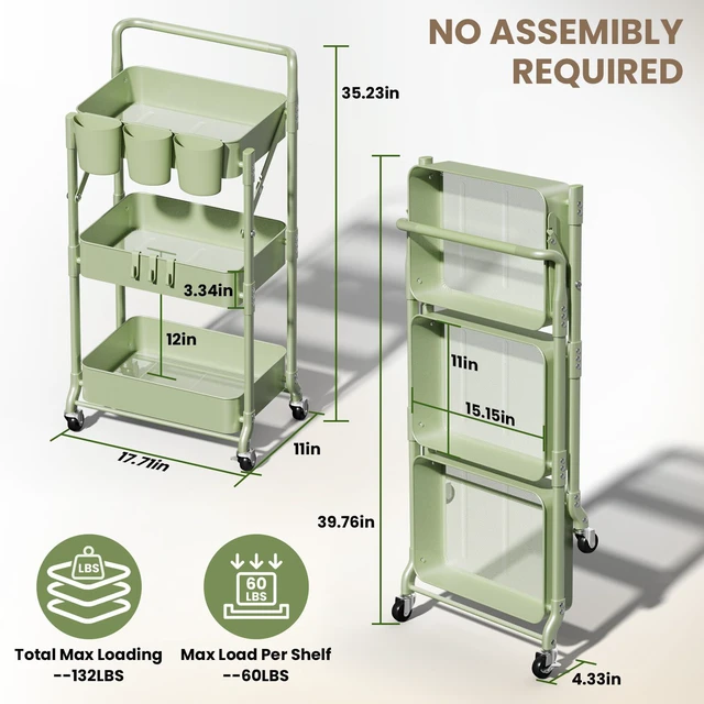 Alt view image 2 of 6 - Foldable 3 Tier Rolling Cart, Metal Utility Cart with Wheels Collapsible Rolling Storage Cart with 3 Hanging Cups, Folding Storage Trolley Organizer Cart for Home Office Kitchen(Green)