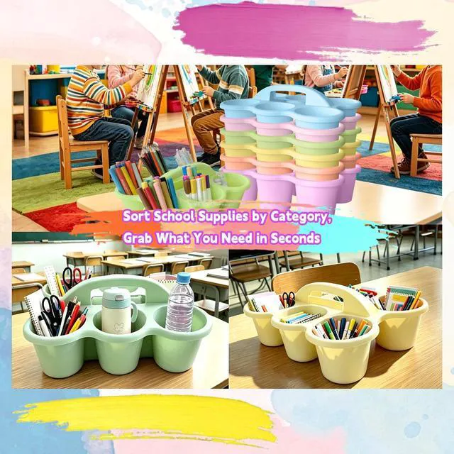 Alt view image 6 of 7 - 6 Pack Classroom Caddy Organizer with Handle Pastel Plastic Table Caddy 6 Compartments Storage Cup Holder for School Supplies Art Crafts Crayons Pencils Stackable Desk Caddy for Office Home