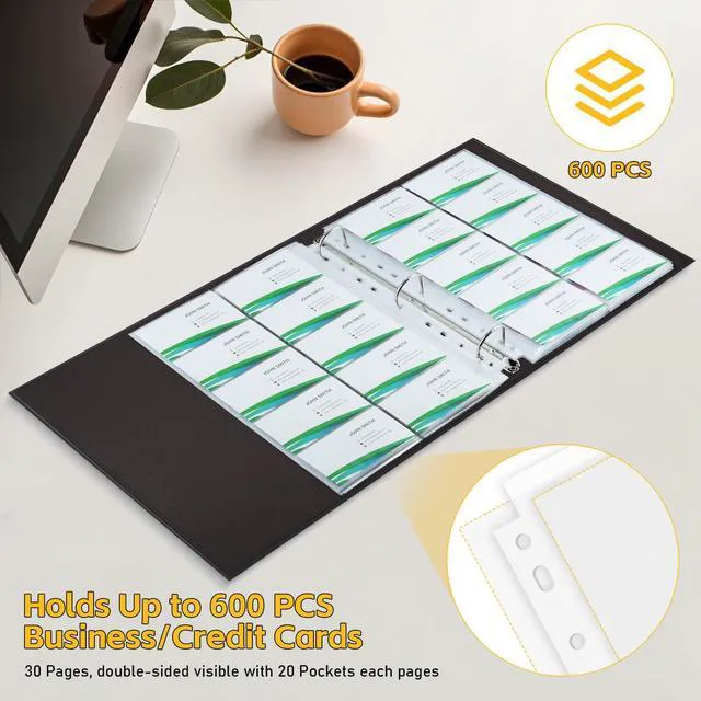 Alt view image 4 of 7 - A4 Business Card Binder, PU Leather Organizer with 30 Pack Sleeves (600 Pockets), Business Card Holder Book for Credit Cards, Membership Cards, and More - Black